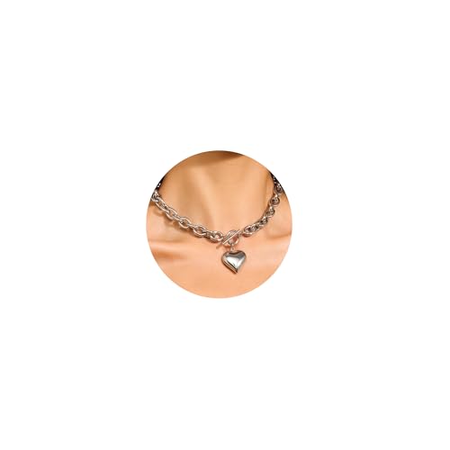 WOWORAMA Silberne klobige Kettenhalskette für Frauen große bauschige Herz Anhänger Halskette dicke klobige Gliederkette Choker Halsketten Knebelverschluss 48,3 cm WOWORAMA Silberne klobige Kettenhalskette für Frauen große bauschige Herz Anhänger Halskette dicke klobige Gliederkette Choker Halsketten Knebelverschluss 48,3 cm