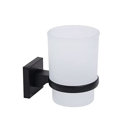 Vetrineinrete® Bicchiere Porta spazzolino da Muro in Acciaio Nero e Vetro Satinato Fissaggio con Viti o Senza Viti Biadesivo Accessori arredo Bagno