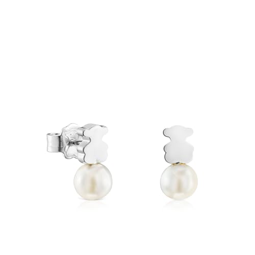 TOUS Pendientes de Plata de Primera Ley para Mujer con Oso de 6mm y Perla Cultivada de 5,5mm, Sweet Dolls