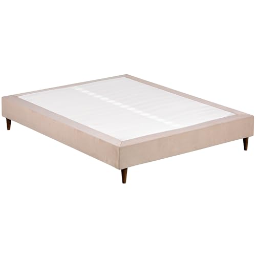 BUDWING Levi Base Tapizada 140x190 cm – con Patas de Madera, Tapizado 3D Transpirable y Estructura de Madera – Compatible con Colchones de hasta 140x190 cm – Beige