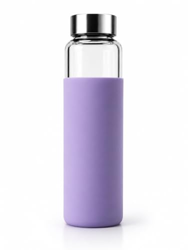 Image of Borosilicate glass water bottle with protective silicone sleeve, 1 Litre Glass bottle with sleeve, Steel Cap, BPA Free For home and office. (Lavender)