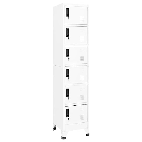 Bucmath Armario, blanco, 38 x 40 x 180 cm, acero, 6 compartimentos con ranuras de ventilación, bloqueable para oficina y escuela, almacenamiento robusto