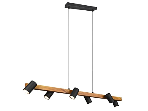 Lampadario a sospensione a 6 luci, in metallo nero opaco, con travi in legno, larghezza 115 cm