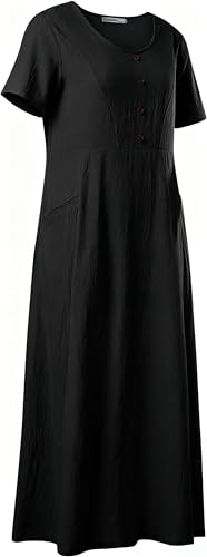Image of Women's 65% Polyester 35% Cotton Crew Neck Midi Dress, Short Sleeve Dress with Pockets for Summer Daily Wear