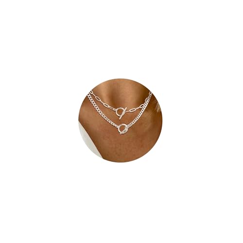 CHESKY Silver Layered Necklaces for Women, 14K Gold/Silver Plated Chain Necklaces for Women Trendy Chunky Paperclip Chain Necklace Dainty Sterling Silver Toggle Necklaces Set Jewelry for Her