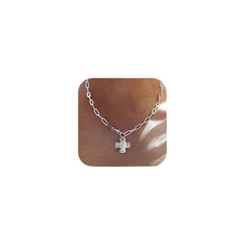 Bheop Chunky Cross Necklace for Women Trendy, Silver Statement Necklace