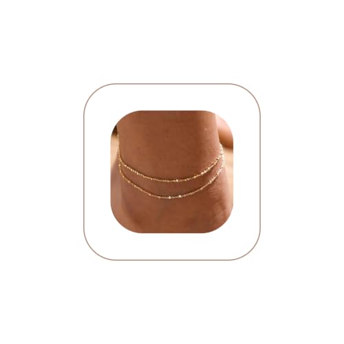 MIDEEO Gold/Silver Ankle Bracelets for Women,14K Gold Anklets for Women Waterproof Cuban Link Heart Beads Herringbone Rhinestone Anklets Set Layered Anklet Bracelets Gold Jewelry Gift