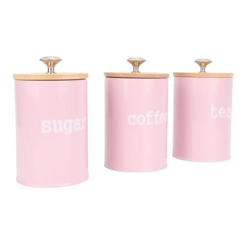 Chrees 3 Botes de Almacenamiento de Metal, Tarros Herméticos de Almacenamiento de Alimentos de Estilo Vintage con Tapa de Madera, para café, té, Azúcar, Condimentos de Cocina (Rosada)