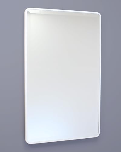 Image of 16x26 Austin Farmhouse Metal Framed Rounded Rectangle Recessed Bathroom Medicine Cabinet, Beveled Mirror, 14x24 in-Wall Opening, powder-coated Steel, Adjustable Glass Shelves, Magnet Close, White