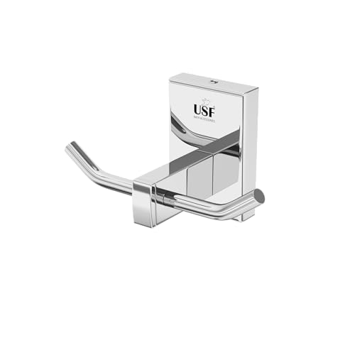 Image of USF Premium 304 Stainless Steel Robe Hook, Dual Towel Hanger, Multipurpose Cloth & Napkin Holder for Bathroom & Kitchen, 25 Years Warranty (Chrome Finish, Pack of 1) - Orizon