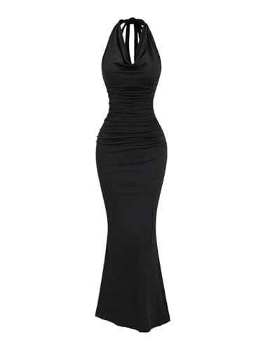 GORGLITTER Neckholder Kleider Damen Elegant Lang Partykleid Fischschwanz Bodycon Freizeitkleid Figurbetont Bleistiftkleid Festival Outfit Schwarz M