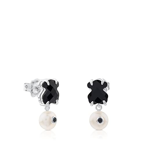 TOUS Pendientes de Plata de Primera Ley para Mujer con Motivo Oso Onix y Perla Cultivada Espinela, Fino y Elegante, Colección Erma