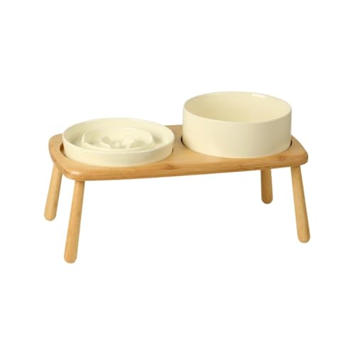 YNYN 陶器 猫 犬 エサ台 猫食器 犬食器 ペットの食器 浅広口タイプ ペット 食器スタンド フードボウル 水ボウル 犬 猫用 セラミックボウル 陶器製皿 食べやすい斜め餌台面 独自の凹凸設計 ペット用品 (ベージュ,15.5CM/850ML)