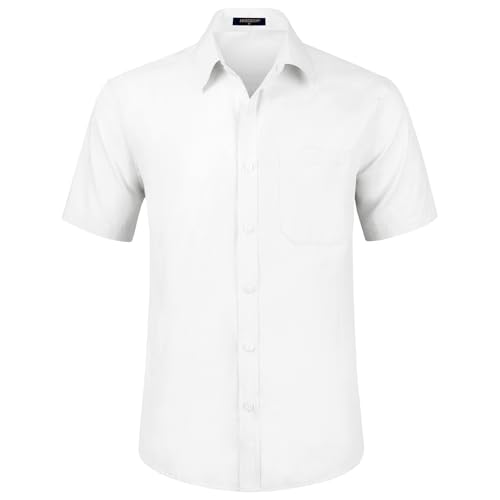 HISDERN Chemise Blanche à Manches Courtes pour Hommes Chemise d'été décontractée Coupe régulière Boutonnée Chemise habillée Formelle avec Poche Poitrine,L
