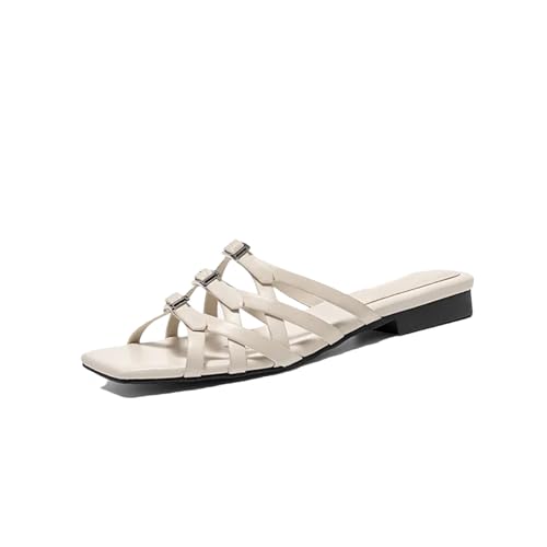 Women's Calfskin Woven Gladiator Slippers - Cross-Tied Buckle Strap Summer Flats