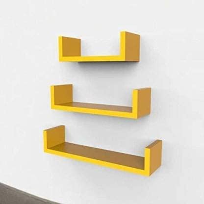 Image of DECORVISTA Wooden Handcrafted Wall Shelf Beautiful Floating Wall Racks Shelves Living & Bed Room Decor U Shaped Set of 3 (Multi) (Yellow)
