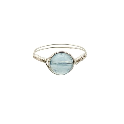 Aquamarine Gemstone Natural Stone Birthstone Solitaire 925 Sterling Silver Wire Wrapped Rings for Women Handmade