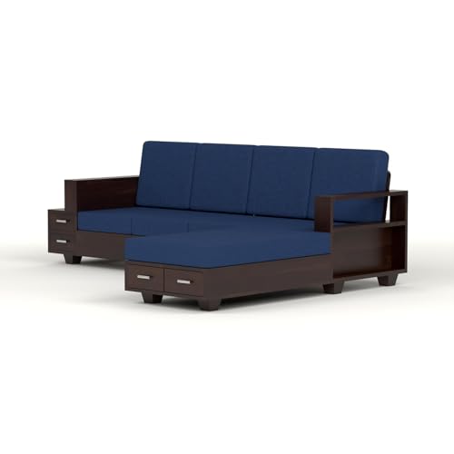 Image of Sheesham Wood 6 Seater L Shape Sofa Set with Storage Drawers and 40 Density Cushion | Solid Wooden Corner Sofa with Navy Blue Fabric Upholstery for Living Room