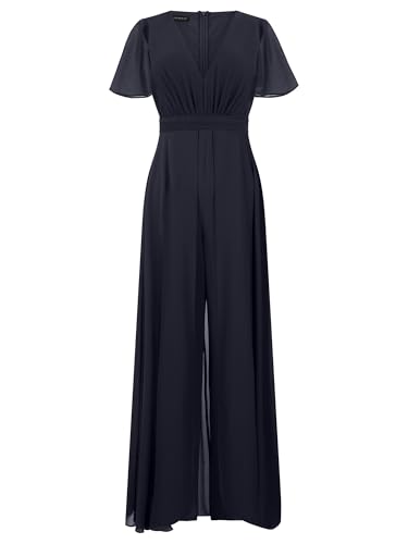 APART Fashion Damen Chiffon Jumpsuit Tiefer V-Ausschnitt Abendkleid Kurze Volant-Ärmel Weites Bein Cape Style Hose Elegantes Sommer Outfit Ideal als Brautjungfern Kleid Hochzeitsgäste Kleid