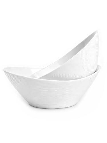 LaGlint 66 OZ Large Salad Bowl Set of 2 1.95L Opal Glass 10 inch Lightweight Serving Dishes for Salad Fruit Kitchen Microwave & Dishwasher Safe Oval Shape White
