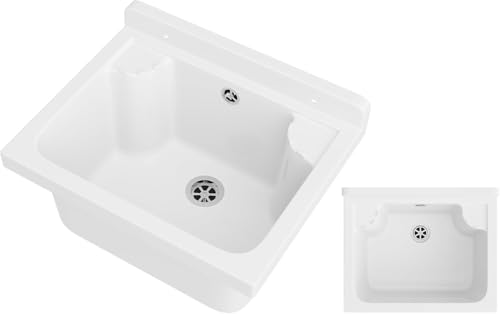 Set Lavandino + Sifone - Lavatoio da Esterno 42x 34x24 cm - Lavandino esterno per lavanderia, garage, giardino - Lavabo Resistente agli acidi e alle sostanze chimiche - Bianco - Granitan