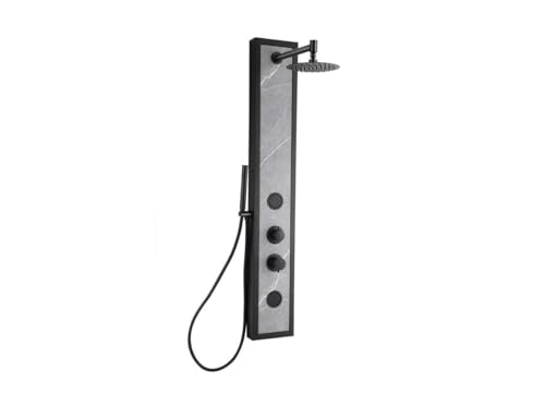 Vente-unique - Columna de ducha hidromasaje negra con decoración de piedra - Alt. 127 x Ancho 48,5 cm - LETIYA