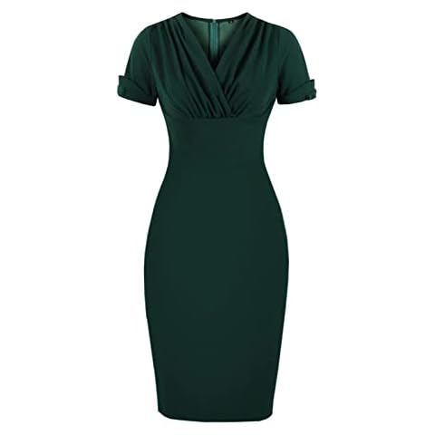 Shin Fashion Vintage Button Lapel Splice Pencil Wrap Hip Red Short Sleeve Casual Dress, 2125+dark Green, Large Cover