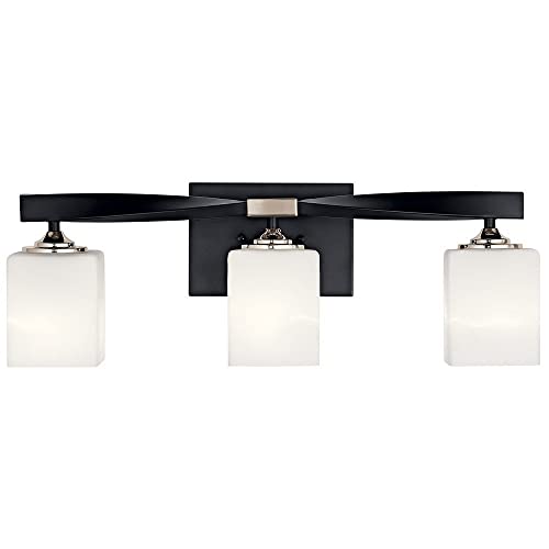 Image of Kichler Marette 22.75 inch Vanity Light in Black, 3-Light Modern Bathroom Light with Satin Etched Cased Opal Glass, (22.75 inch W x 8 inch H), 55002BK