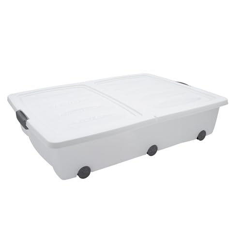 XXL Unterbettkommode mit Klappverschluss 80 x 60 x 17 cm - 60 Liter - Aufbewahrungs-Rollbox mit zweigeteiltem Deckel in weiß - Universal Aufbewahrungsbox Unterbett Box Spielzeugkiste mit Rollen
