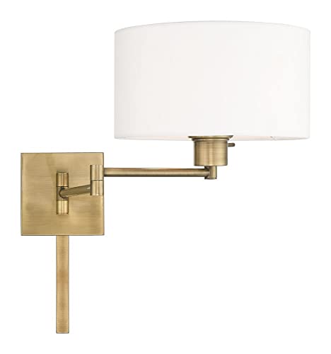 Image of Livex Lighting 40036-01 1-Light Swing Arm Wall Light, Antique Brass | Off-White Fabric Shade