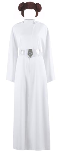 Pouzuwb Women Medieval Princess Costume White Hooded Long Dress Robe with Belt Halloween Cosplay Party Outfit (White (With Wig) Large)