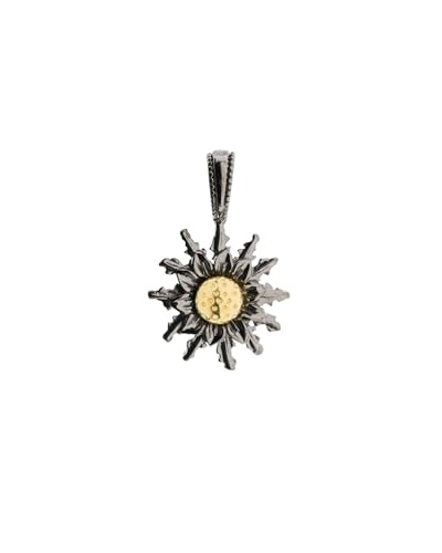 Eguzkilore Colgante Plata de Ley Negra con Centro en Oro 18kt - Tamaño 14mm - Símbolo Protector Flor del Sol - Colgante para Mujer