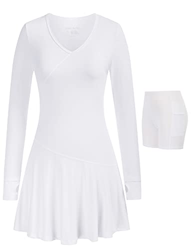 Women White Tennis Dress Sun Protection Golf Dress with Pockets Long Sleeve Athletic Skater Dress White M
