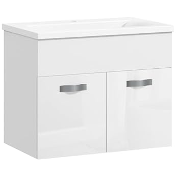 Foto di kleankin Mobile Bagno Sospeso con Lavabo, Mobile a 2 Ante con Lavandino e Cerniere Ammortizzate, 61x40x50cm, Bianco Lucido