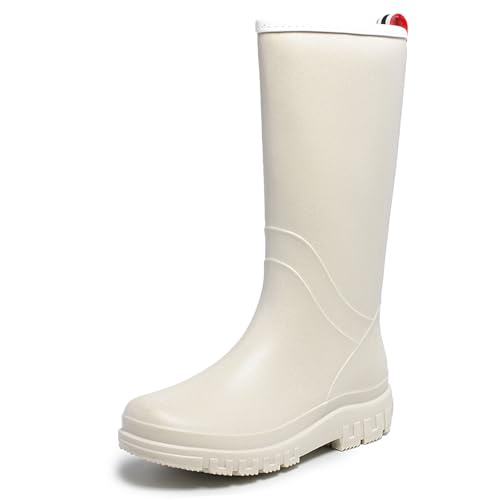 Image of rain boots women waterproof deck boots tall work boot comfortable Fishing boot lightweight chelsea bootie for Gardening Boating Camping Sailing white