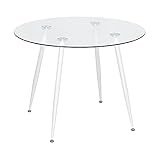 MOG CASA Mesa de Comedor Fija Redonda Corin | 100 x 100 x 75 cm | Ideal para Cocina o Salón | Ideal para 3 a 4 Personas | Tablero de Cristal Transparente | Patas de Metal en Blanco