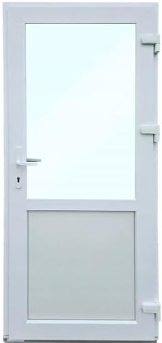 Haustür Kunststoff 90x200 cm DIN Rechts | Nebeneingangstür mit Sicherheitsverglasung | Kellertür Komplettset für Shop, Garage, Haus | Eingangstür mit 4-Punkt-Schloss und Zubehör | Weiß