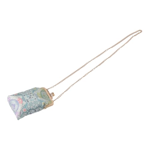 Pochette bandoulière vintage en tissu brodé bleu avec chaîne métallique