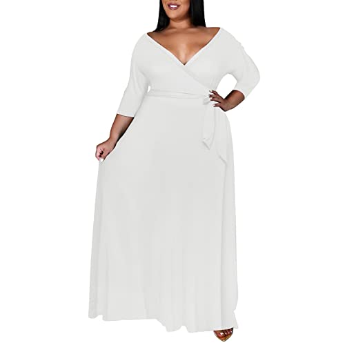 Image of Runwind Plus Size Dresses for Women Floral Maxi Dress Flowy 3 /4 Sleeve with Belt