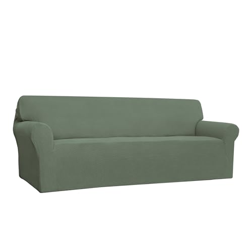 Image of Easy-Going Stretch 4 Seater Sofa Slipcover 1-Piece Sofa Cover Furniture Protector Couch Soft with Elastic Bottom for Kids, Polyester Spandex Jacquard Fabric Small Checks Greyish Green