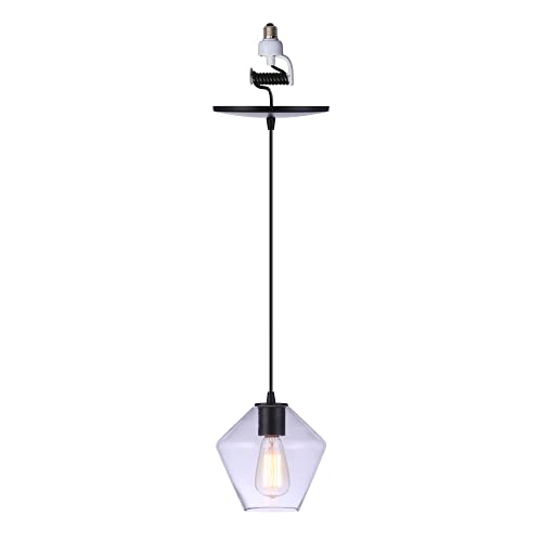 Worth Home Products- Instant Pendant Light - Matte Black With Geometric Clear Glass Shade For Kitchen Island Dining Room Home Office - Recessed Light Conversion Kit For E26 Recessed Mounted Cans #TOP2