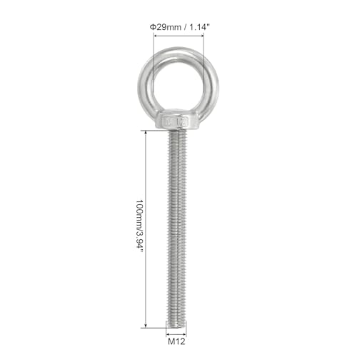 Image of PATIKIL M12 x 100mm Lifting Shoulder Eye Bolt, 2Pcs 304 Stainless Steel Lifting Ring Threaded Eyebolt with Nuts Washers for Hanging Hammocks Articles