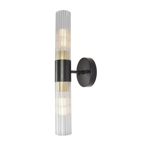 Aplique de Pared Vertical Moderno, lámpara de tocador de 2 Luces, Estilo Art déco, con Pantalla acrílica Acanalada y Acabado en Dorado Negro para Espejo de baño, Dormitorio, Pasillo y Sala de e