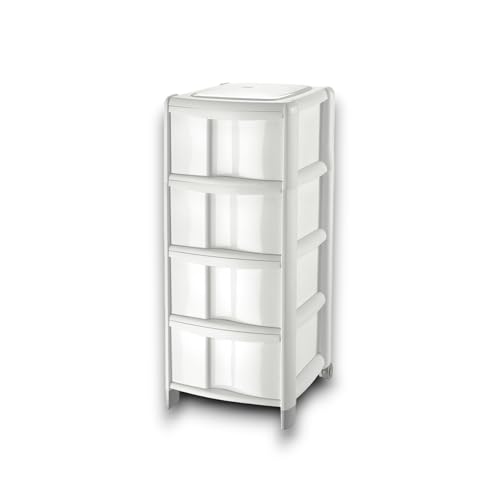 Tontarelli Cassettiera in Bambù a 4 Cassetti Alti, Bianca - Organizer Elegante e Funzionale per Casa e Ufficio, 39,5x38.5x86 cm
