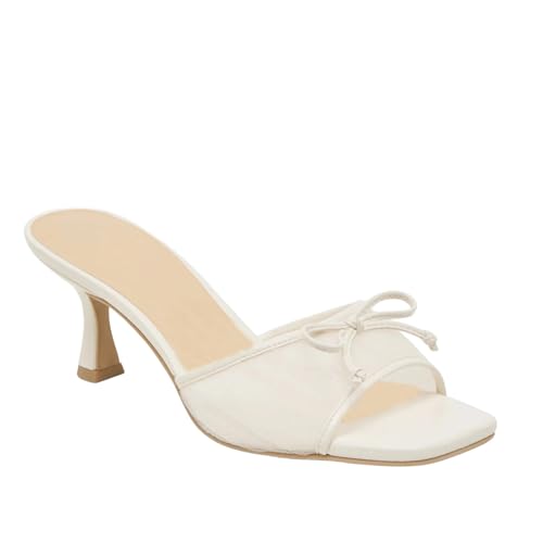 Mesh Kitten Heels for Women Bow Squre Toe Sandals Slingback Slip On Comfortable Casual Party Dress Summer Shoes