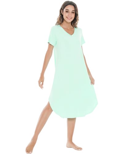 Image of NACHILA Nightgowns for Women-Viscose Made from Bamboo, V Neck Sleepshirts Short Sleeve Sleepwear Cool Nightshirt