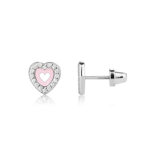 Cherished Moments Children's Sterling Silver Pink Heart Earrings with Sparkling CZ Stones and Safety Screw Backs for Babies, Toddlers, Kids, or Little Girls