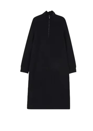 Damen Pulloverkleid mit Reißverschluss, Revers, gerade, langärmelig, Bottoming-Rock, Schwarz , XL
