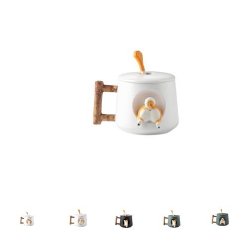 Sandqvipa 動物マグカップ 柴犬 コーヒーカップ 電子レンジ対応 食器洗い機対応 スタイリッシュでかわいい陶器マグカップ 蓋とスプーン付き (白い柴犬カップ(しっぽ))