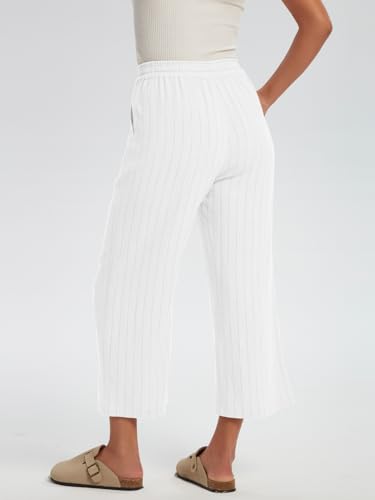 Les umes Womens Linen Cropped Pants Elastic Waist Wide Leg Stripe Casual Loose Plus Size Trousers with Pockets3